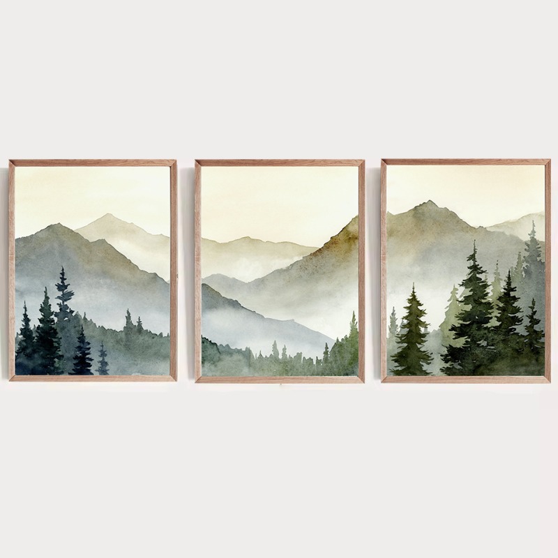 Home Decor Green - Sunset Green Mountain Watercolor Poster Pine